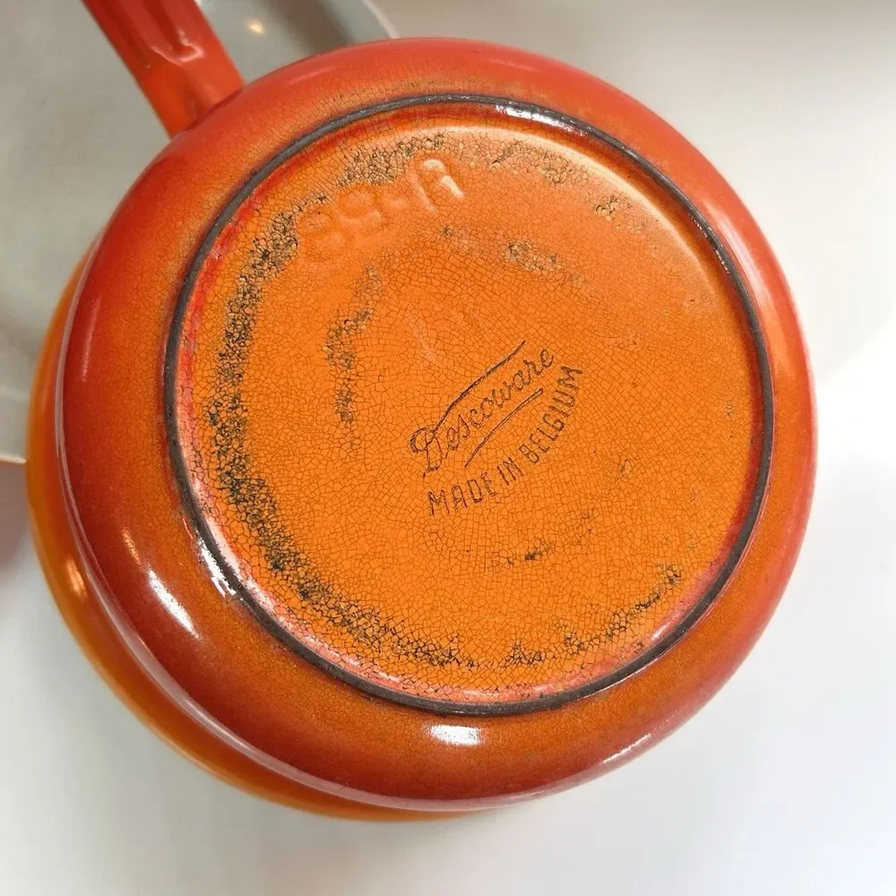 Vintage Descoware Enameled Cast Iron Flame-Orange Saucepan And Skillet-Lid Combo
